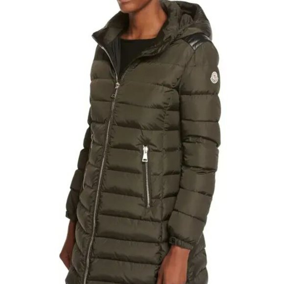 MONCLER OROPHIN OLIVE GREEN LONG PUFFER WITH LEATHER TRIM